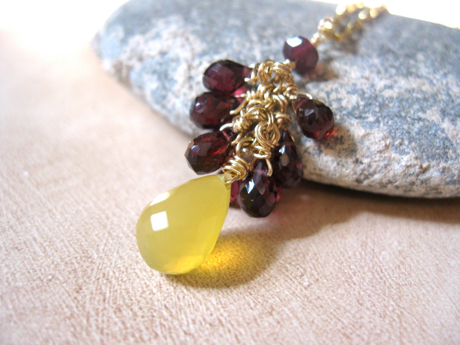 Yellow Opal, Garnet Gold Necklace