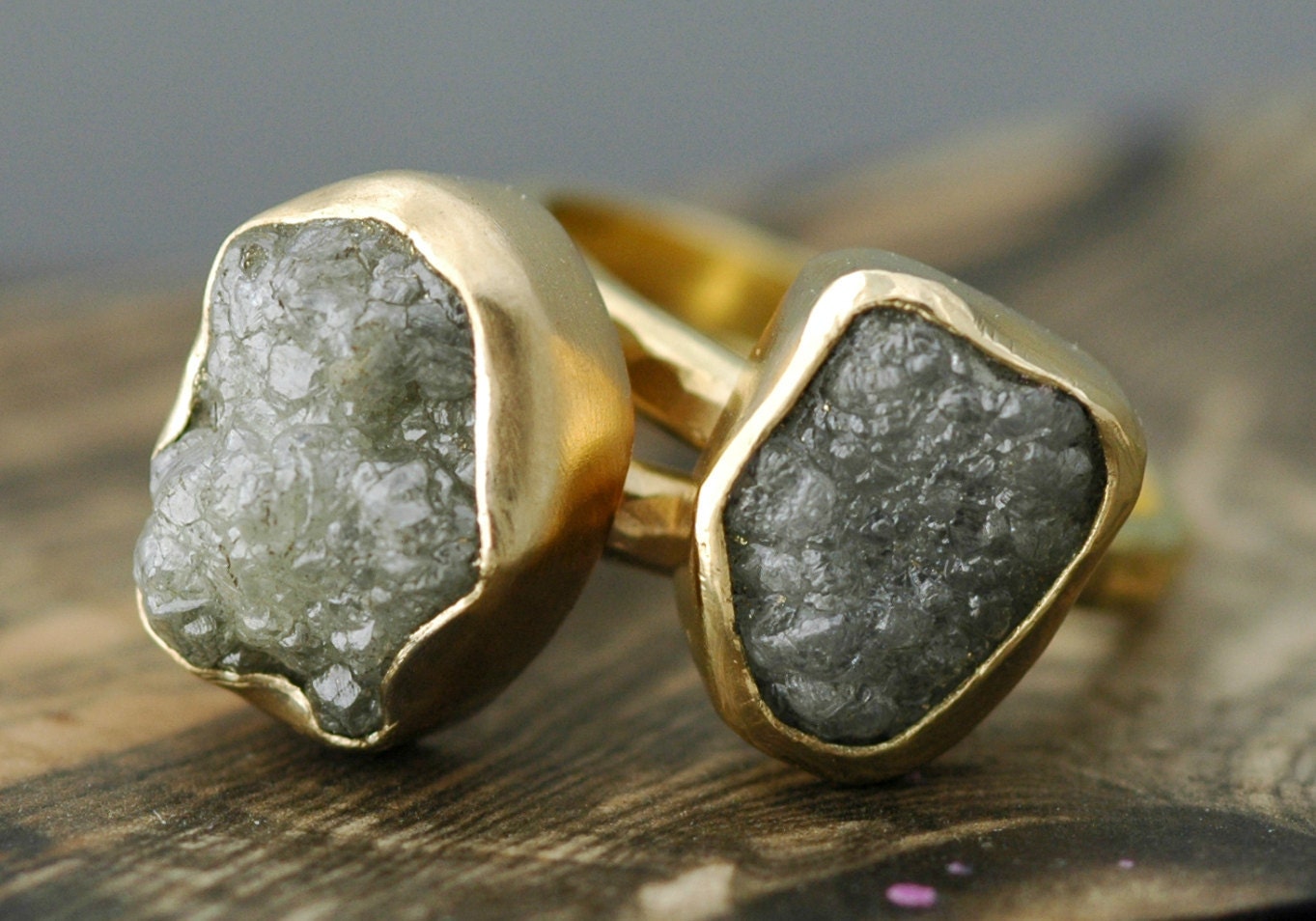 Huge Rough Diamond Engagement Ring in 18k Gold- Custom Made- SizeG Diamonds