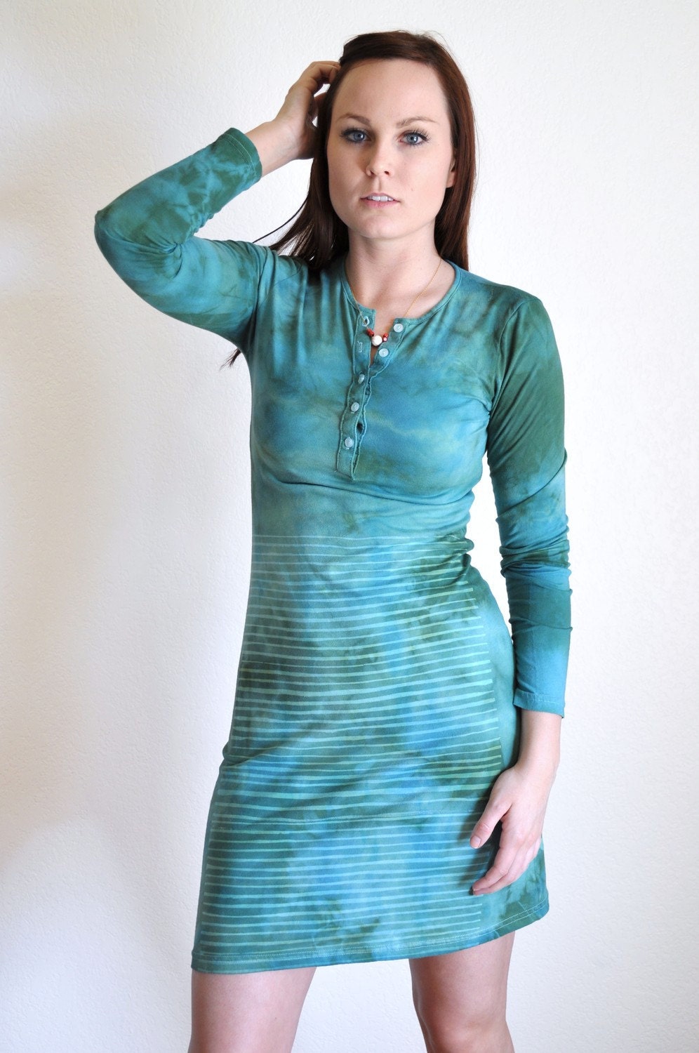 SALE Hand Printed and Dyed Long Sleeve Stripe Dress -  Turquoise