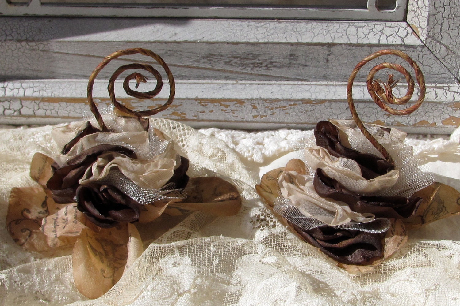 Fabric Hand stamped Flower Place Card Holder Chocolate Brown and Latte  Set of 10 by My Broken Art on Etsy