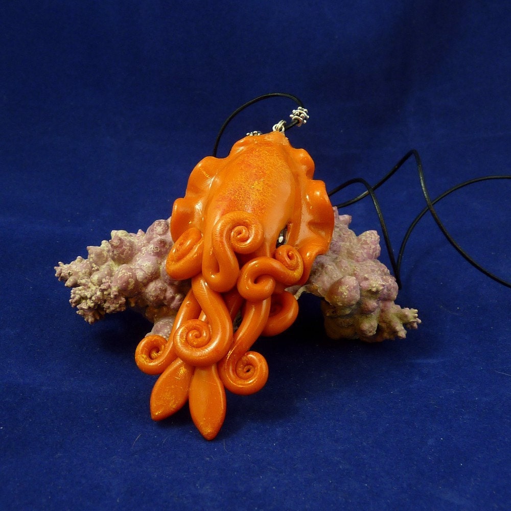 Orange Cuttlefish Necklace - Handmade Polymer Clay Jewelry