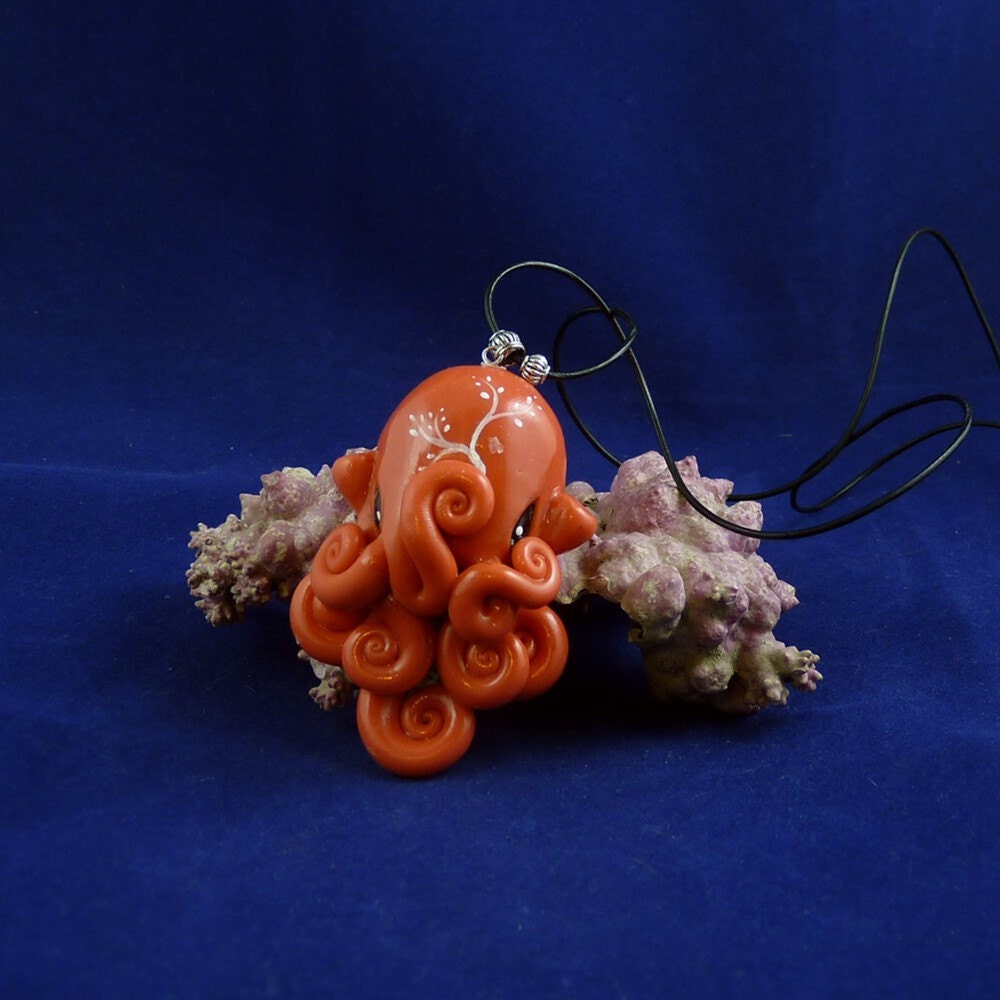 Coral Octopus Necklace - Polymer Clay Kawaii Cephalopod Jewelry