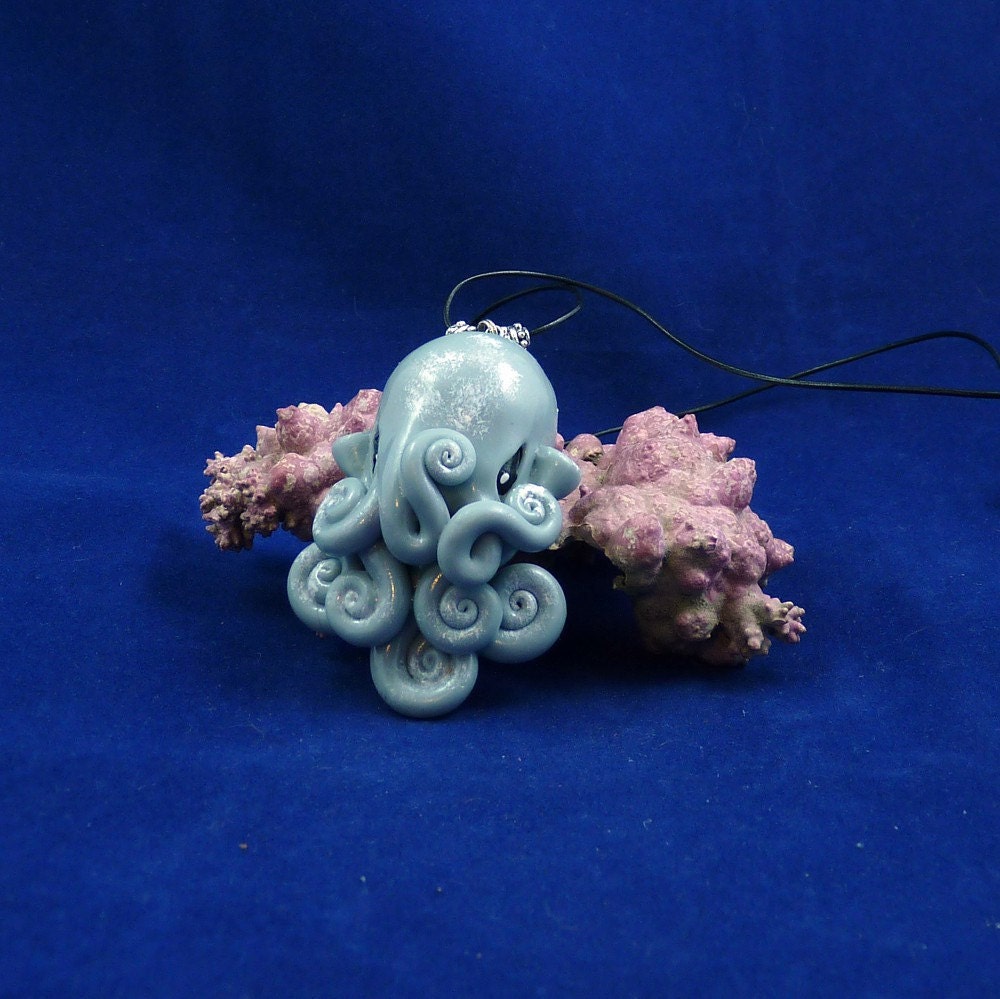 Raincloud Octopus Necklace - Blue Polymer Clay Cephalopod Jewelry