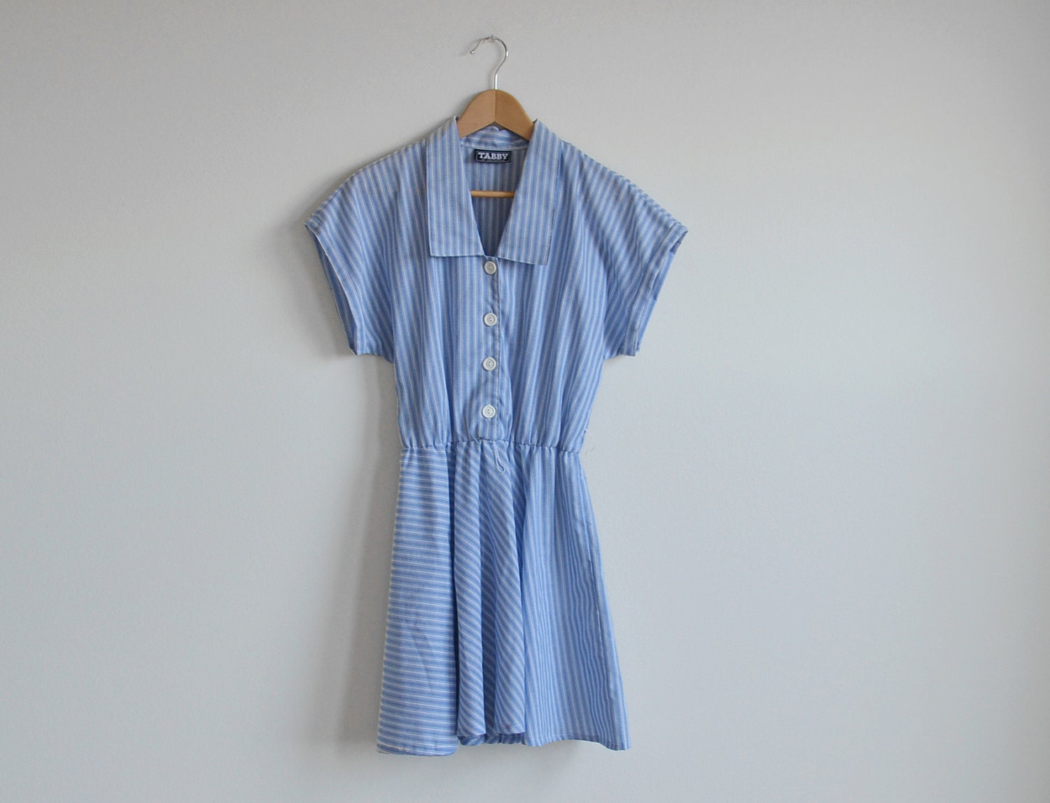 Vintage white and blue stripe dress with a belt.