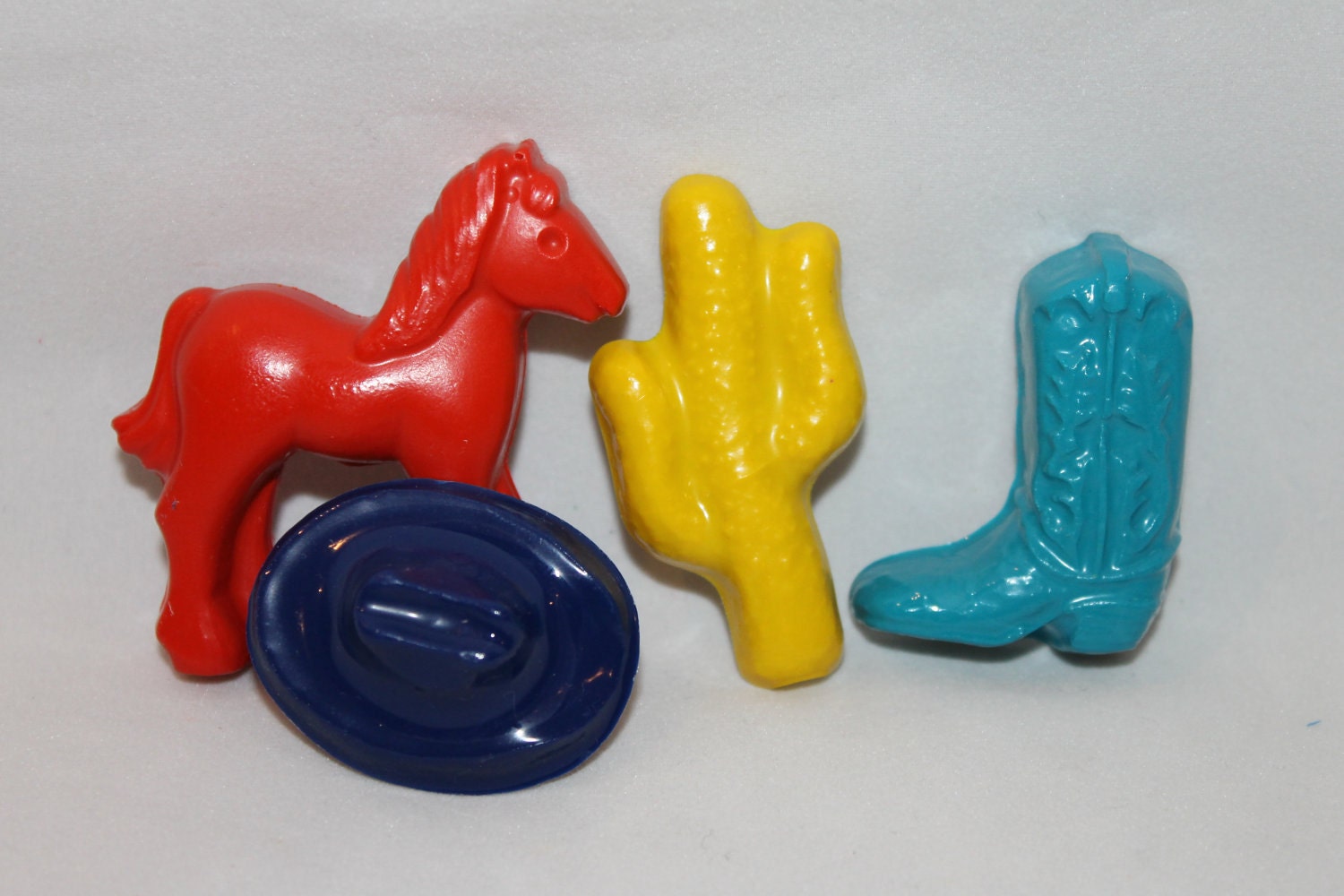 4 cowboy theme crayons - cowboy boot, hat, horse and cactus - choose your colors