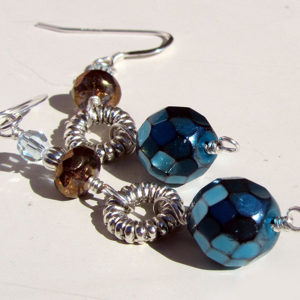 Blue Brown & Beautiful All Over Wire Wrapped Beaded Dangle Earrings w Sterling Silver Filled Hooks