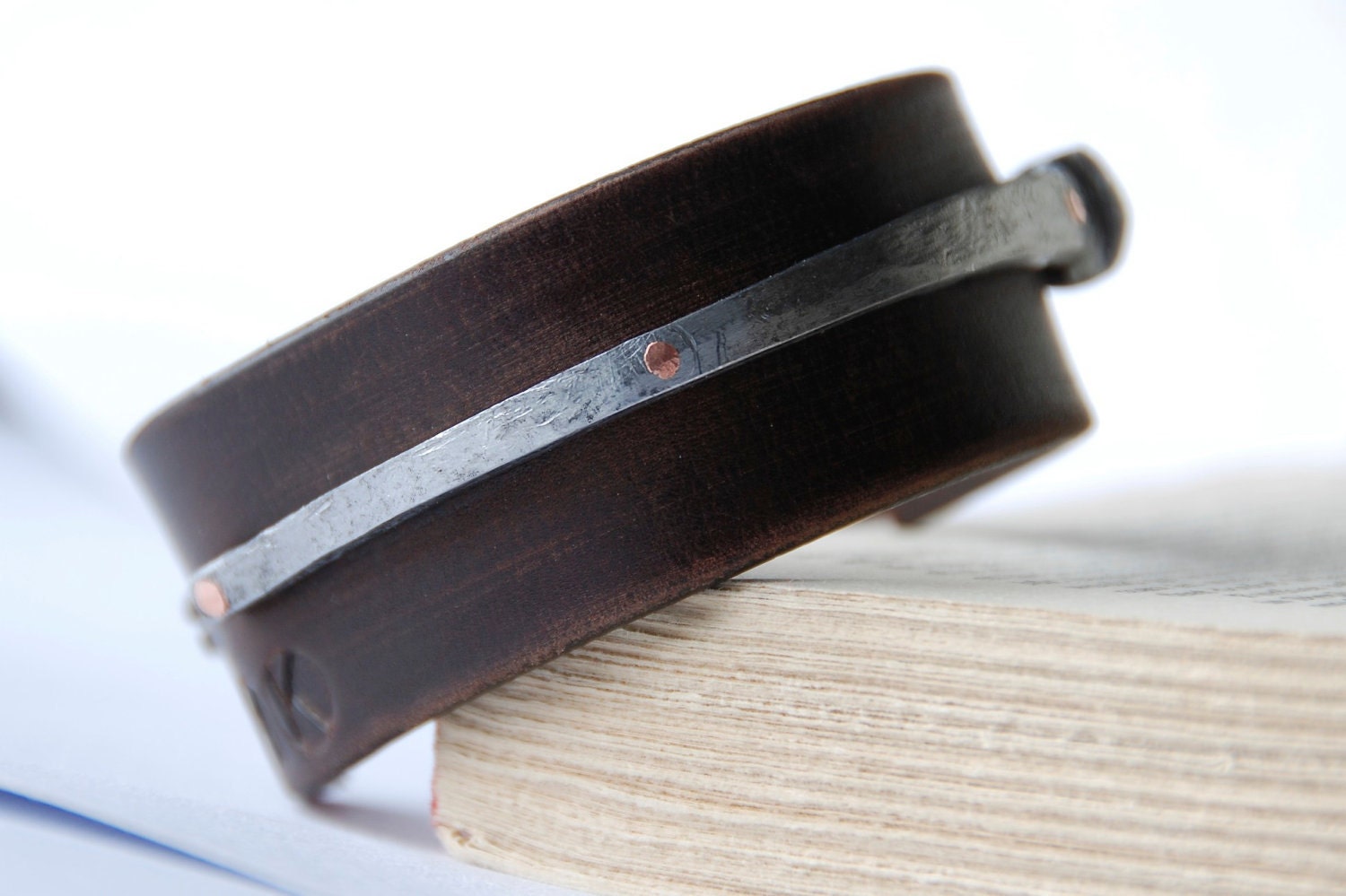 Personalized Bracelet With Antique Iron Barn Nail On Upcycled Leather Urban Cuff