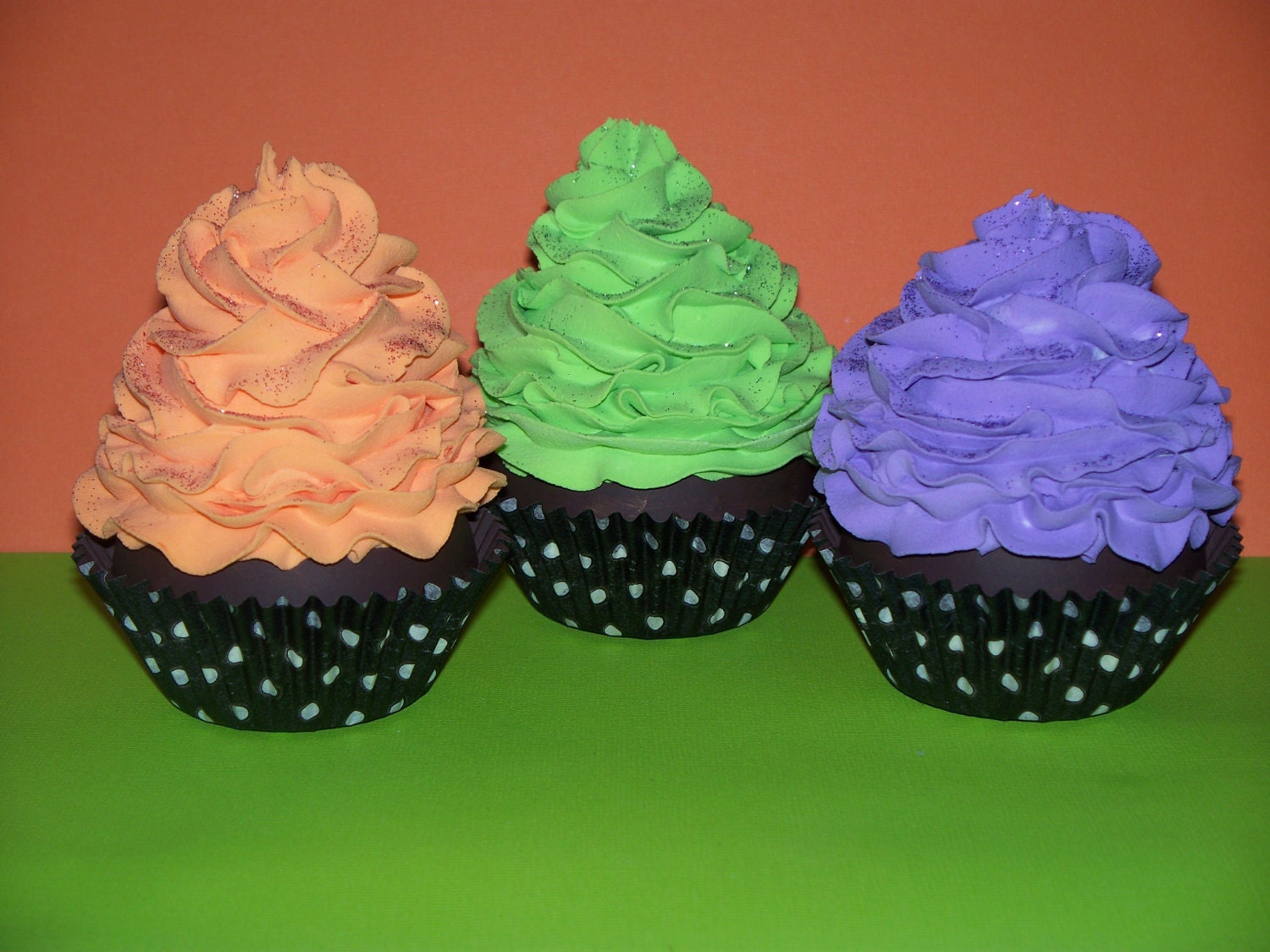 Set of 3 Fake Faux Cupcakes Green Purple Orange Frosting great Photo Props Party Favors Decorations