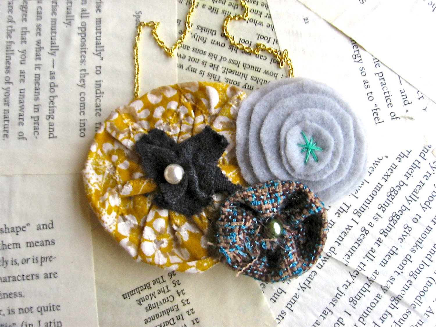 Spring Storms Necklace - fabric yoyo necklace in mustard and gray
