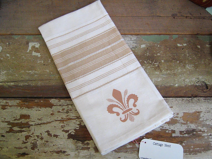 Fleur de Lis Tea Towel Ecru Horizontal Stripe