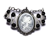 Steamgoth Bracelet - White on Hazy Black Skeleton Lolita portrait Cameo