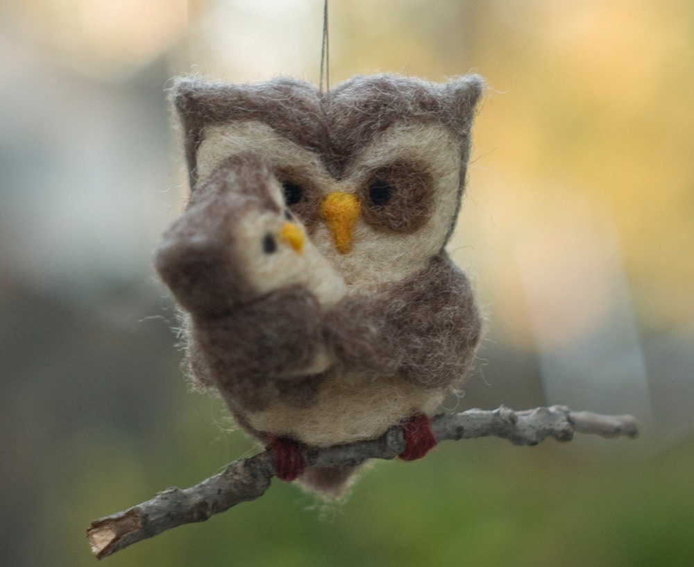 Needle Felted Owl Ornament - Family of Two