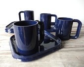 Set of 4 Heller Style Navy Blue Stacking Plates and Mugs