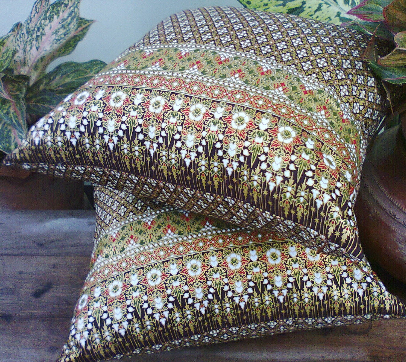 Brown  and Gold Thai Painting sofa Throw decorative pillow cushion covers 18 inches