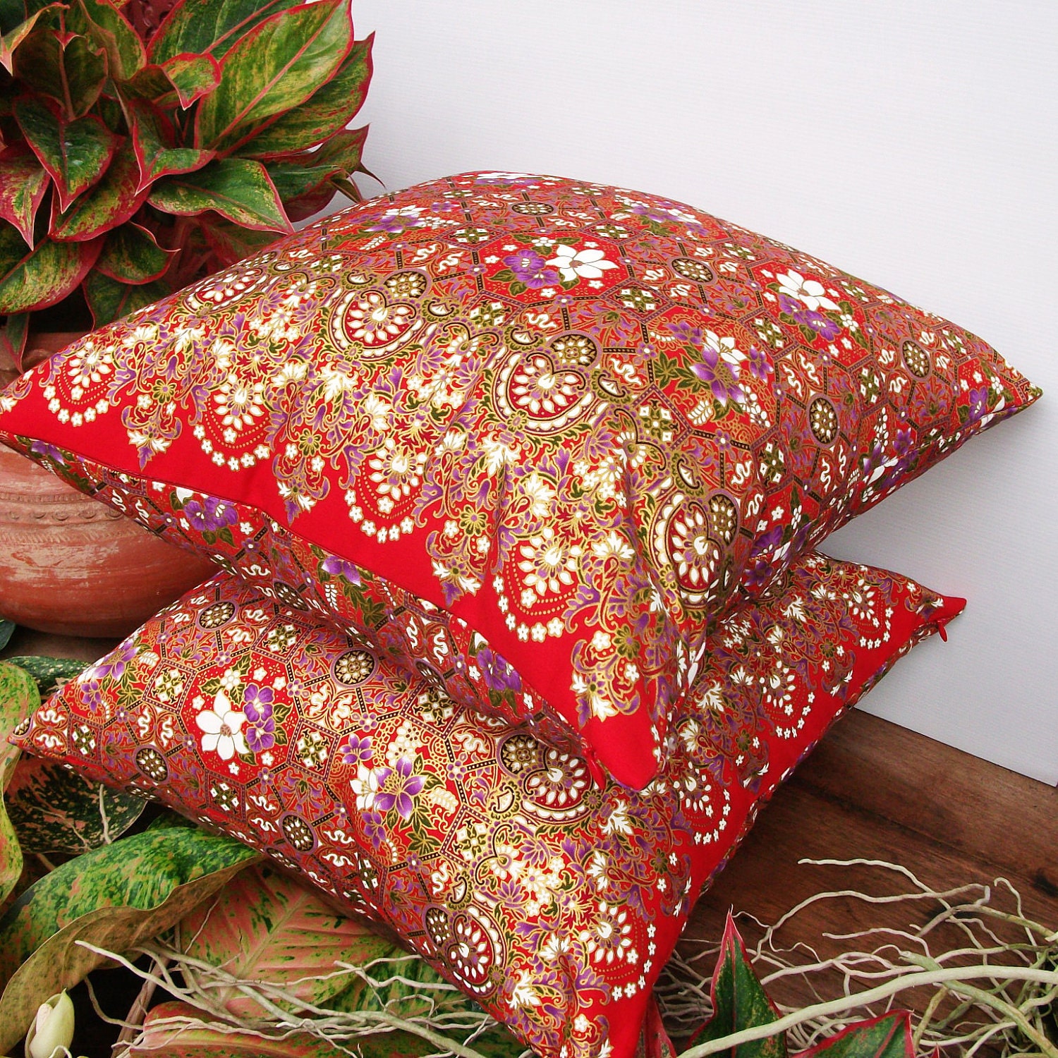 2 Pillow Covers Red and Gold  Flower Painting sofa Throw decorative pillow cushion covers 18 inches