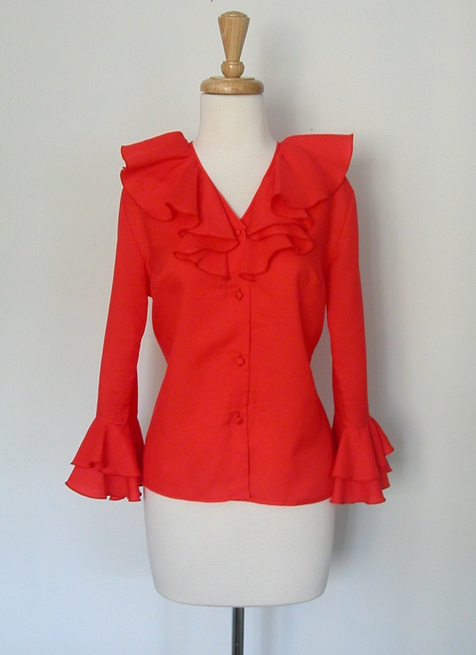 Valentines Day - 70s red ruffle mad men party blouse shirt sm med