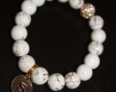 Cream & Caramel Magnesite Semi Precious Gemstone Beaded Bracelet with Gold Pave Rhinestones and Gold Initial Charm - Waiting On Martha ID
