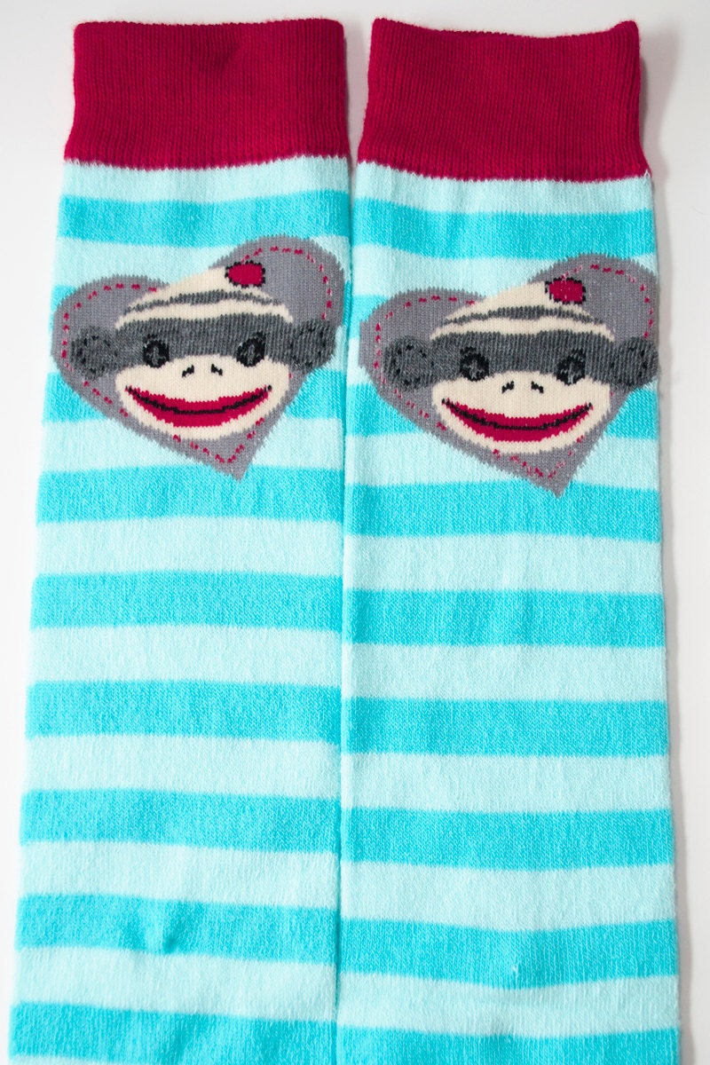 Baby Leg Warmers- Sock Monkey Love Teal and Red