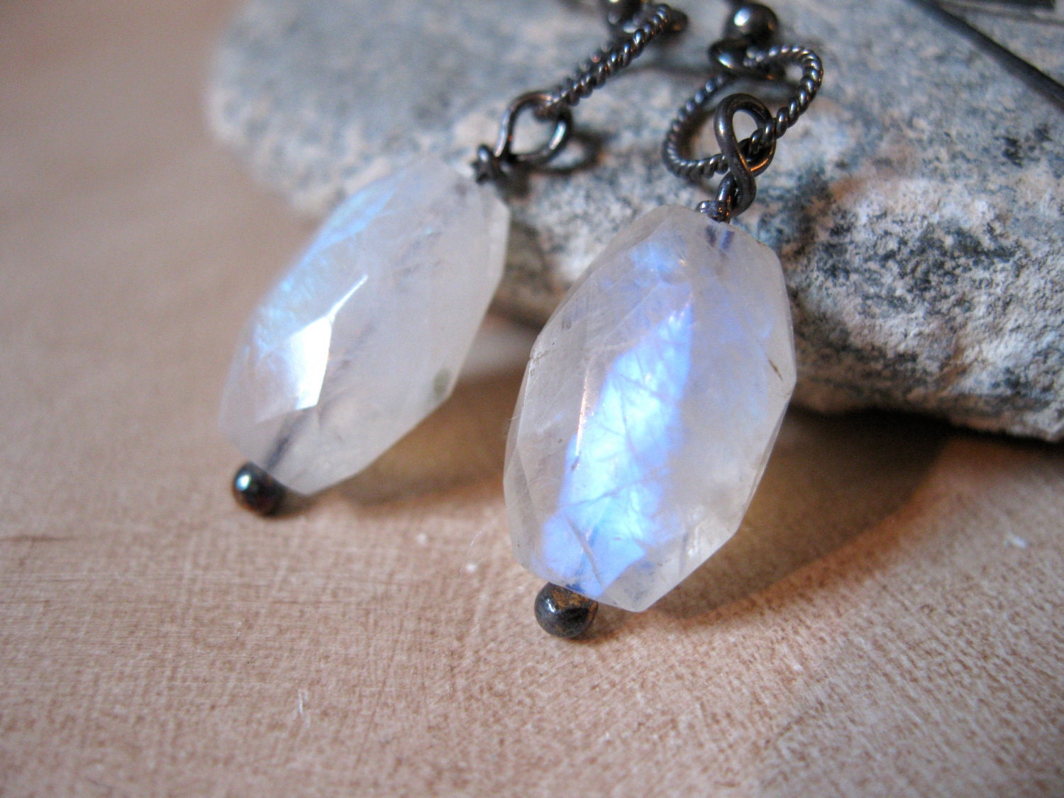 Oxidized Silver Moonstone Oval Circle Earrings