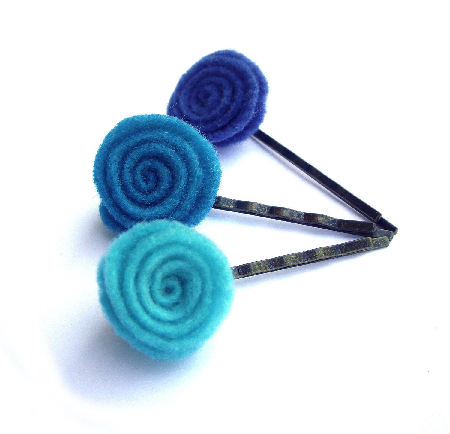 Felt Hair pins light turquoise, turquoise, blue, flower swirl Set of 3 bobby pins