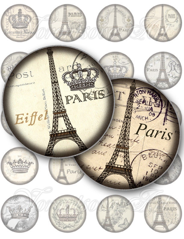 Paris Graphic Shabby. Crown Eiffel tower Bottle Cap 1 inch Circle image Digital Collage Sheet Printable download 8311