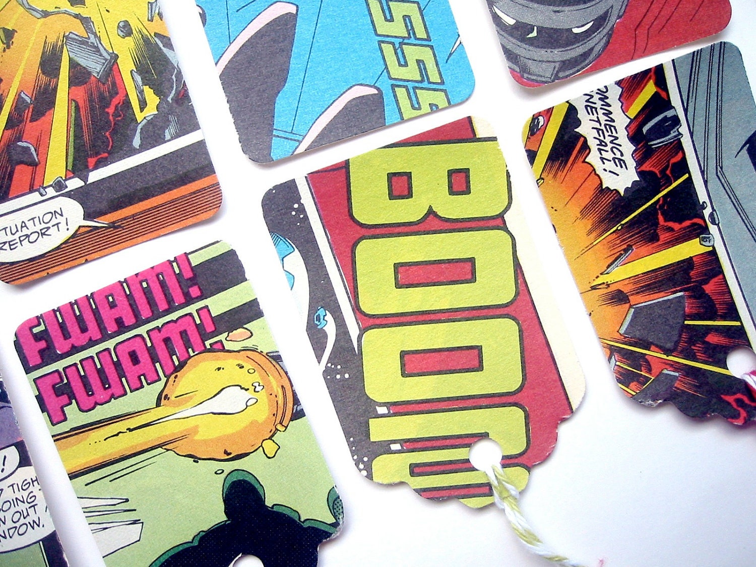 Repurposed Comic Book Gift Tags- One Dozen Random Selection- Bakers Twine Strings