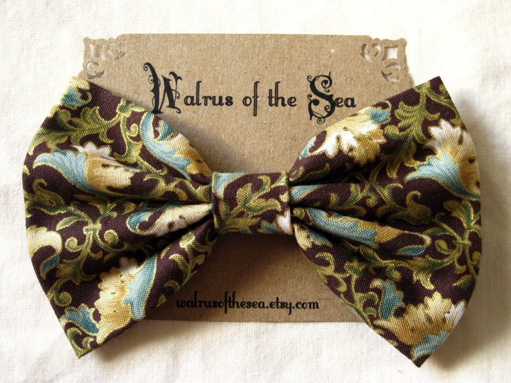 blue brown green gold floral large hair bow clip