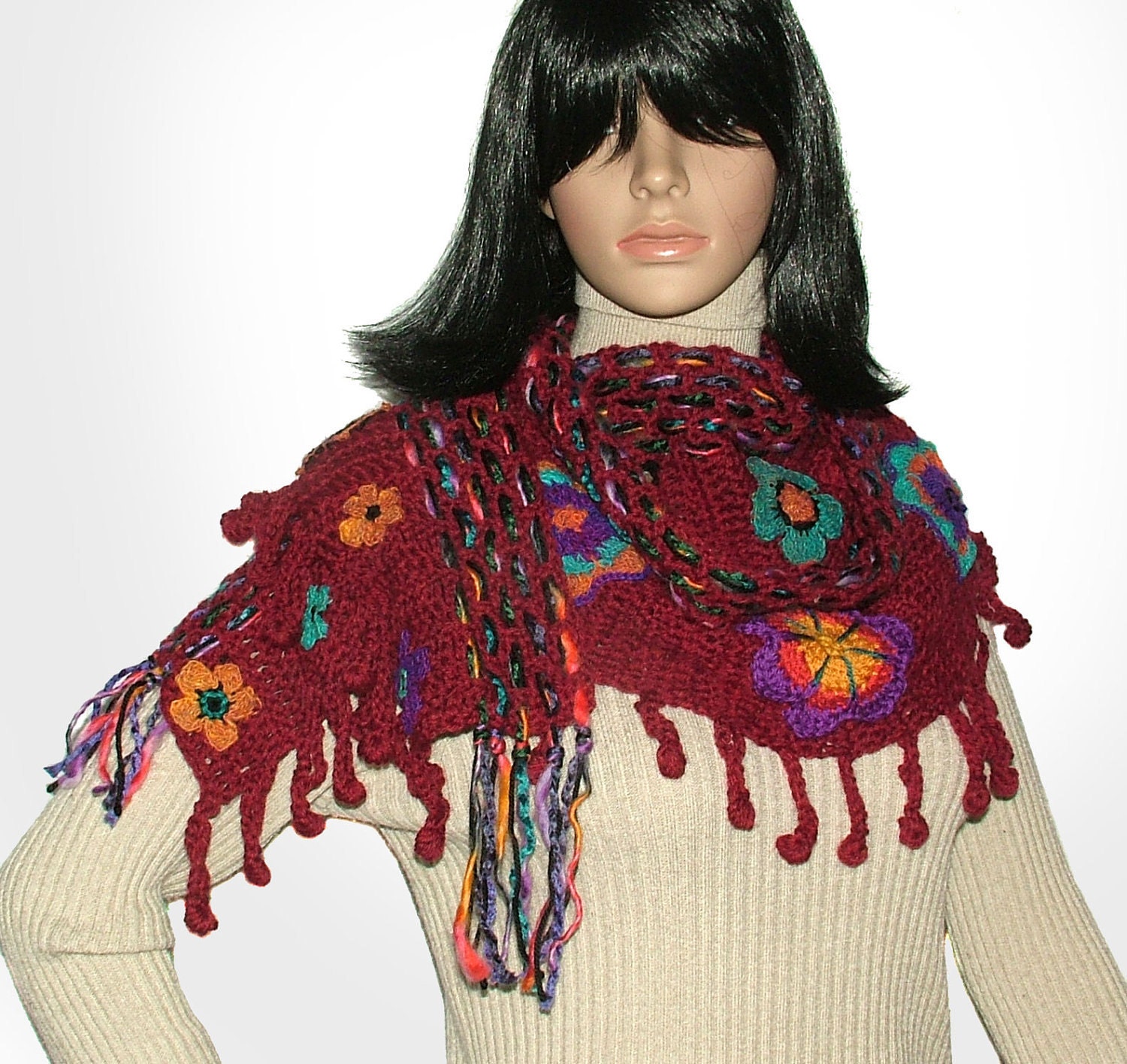 Red Crochet Flower Floral Scarf OOAK Wearable Art