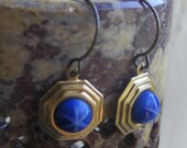 Cobalt Blue Star Cabochon and Art Deco brass setting earrings