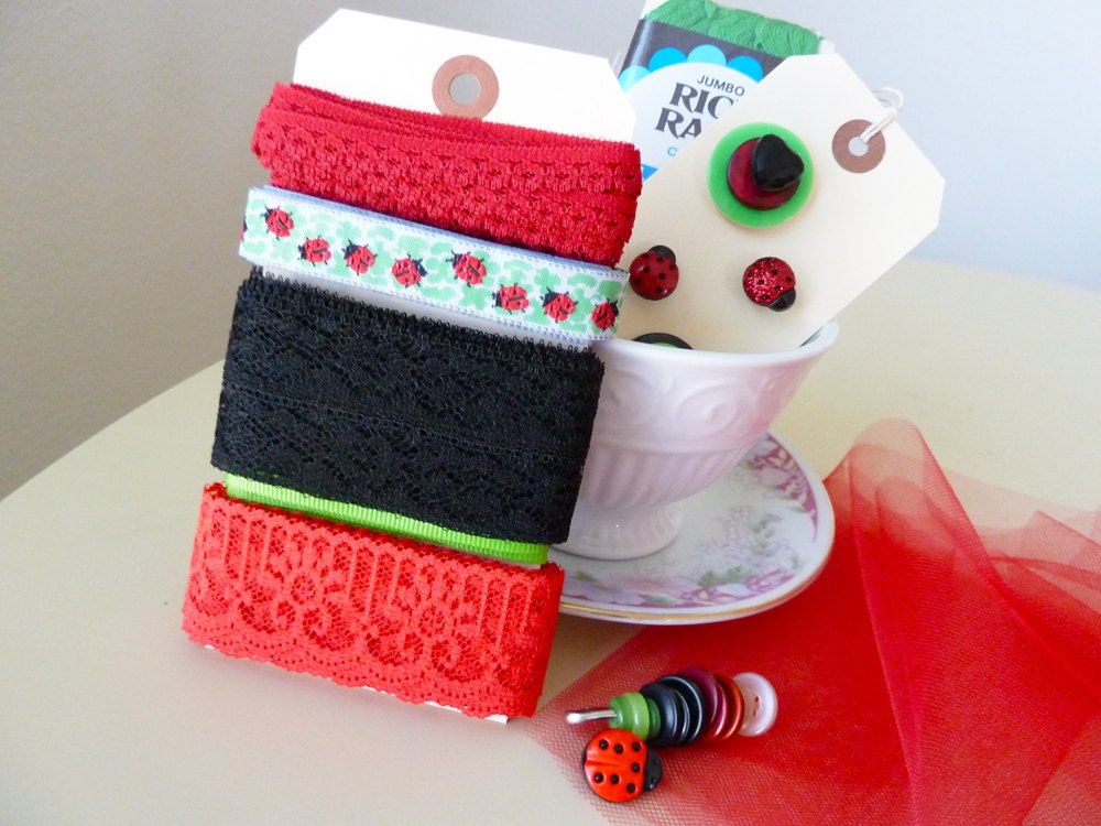 Inspiration Kit, Altered Art Trim Sampler for Crafty Fun, Dancing Ladybugs in Red Black Green