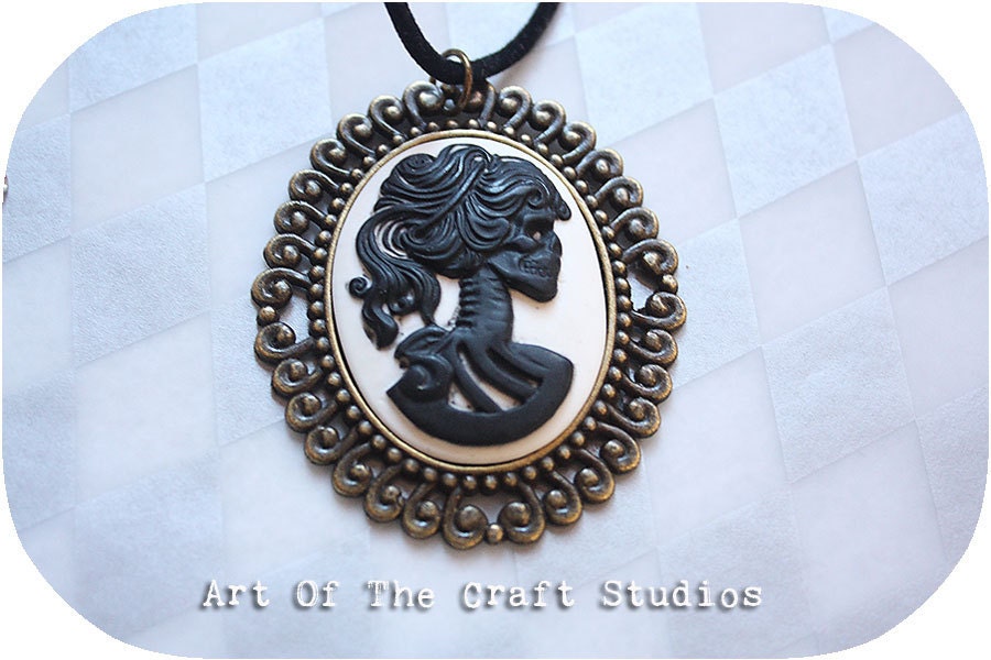 Black and white Skull Cameo Resin Pendant set in Antique brass Necklace Gothic Lolita