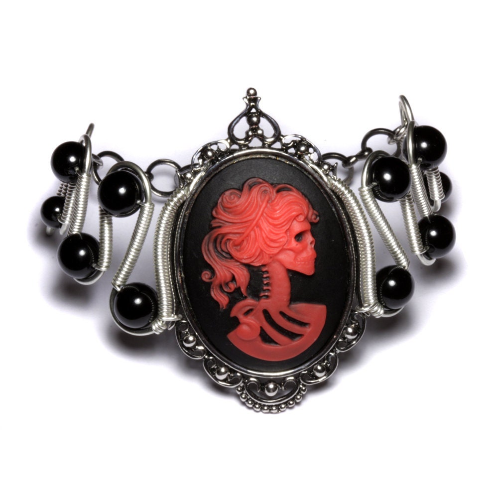 Steamgoth Bracelet - Red and Black Skeleton Lolita portrait Cameo