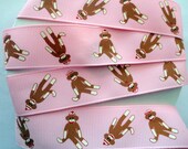 Sock Monkey  pink  grosgrain ribbons 5 yards