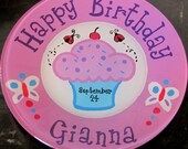 Happy Birthday Cupcake Personalized Hand-Painted Plate (Pick your Colors) by Tanner's Touch