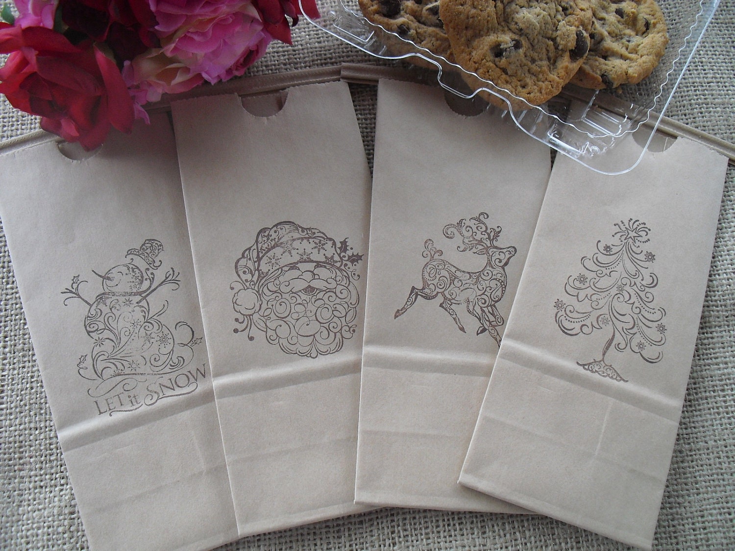 SET OF 12 Rustic Christmas Cookie Bags Favor Bags Candy Bags Gift Bags - Item 1262