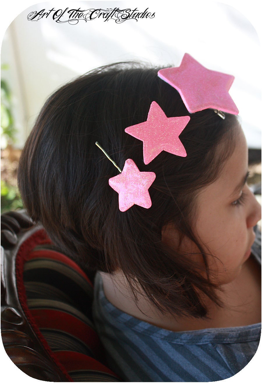 Set of 3 Cotton Candy Pink glitter Star Hair clips and bobby pin graduated size