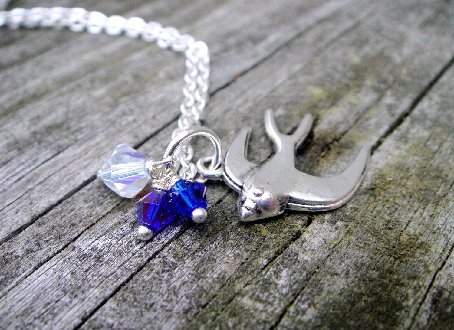 Bird Necklace, Blue and Clear Crystal Accents - Free Shipping - Soaring In To The Deep