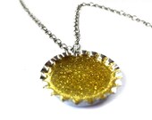Glitter Necklace, Gold Glitter Bottlecap Necklace. Bright Yellow Sparkling Sunshine Pendant.