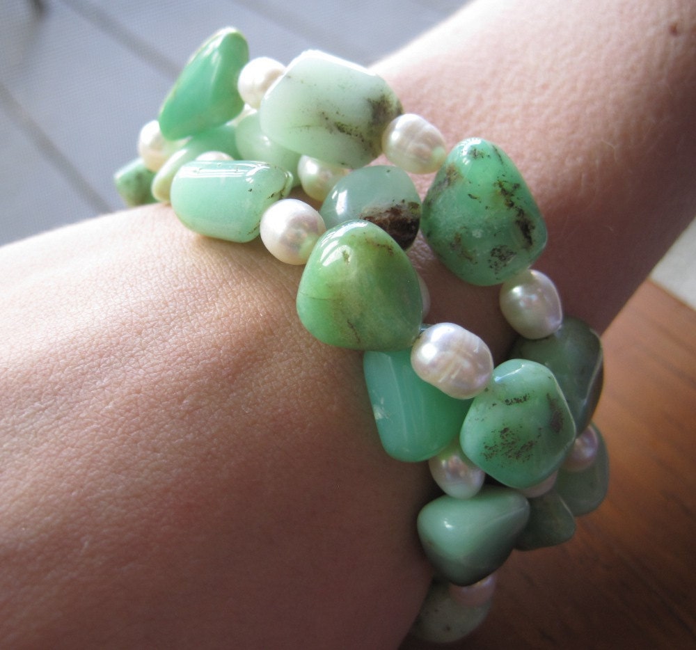Chunky Chrysophrase Bracelet Multiple Strand Pearl Nugget