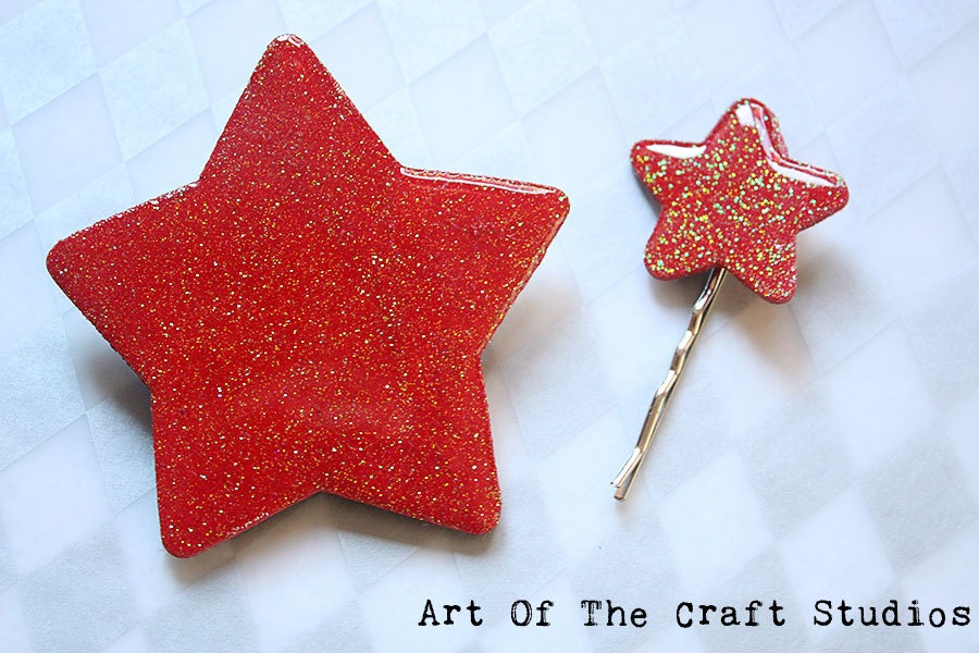 Set of 2 Red glitter Stars Hair Clips