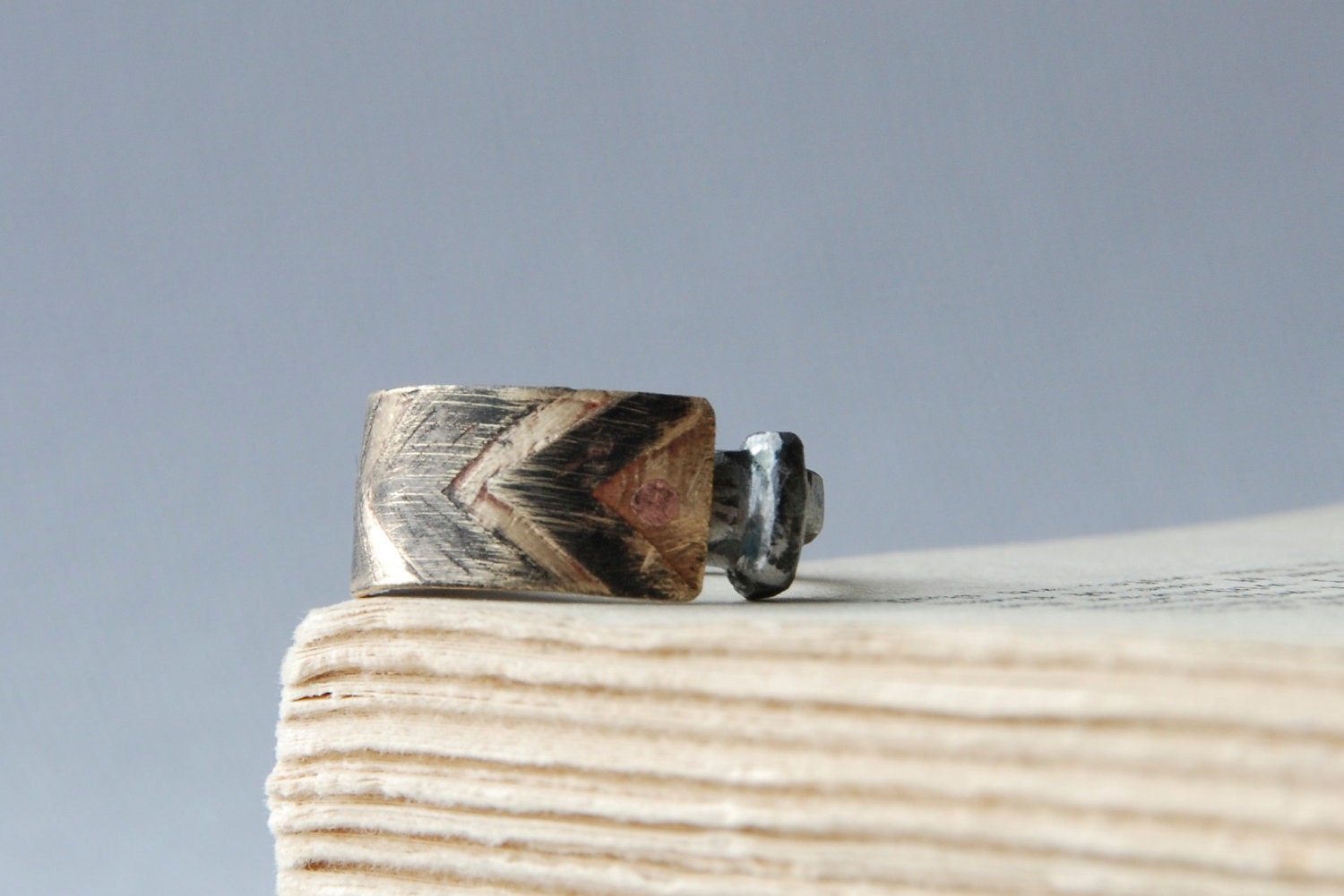 Men's Ring Etched Tribal Chevron In Brass On Antique Barn Nail Oxidized