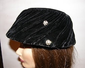 Vintage Hat Black Velvet Clamshell with Rhinestone Baubles