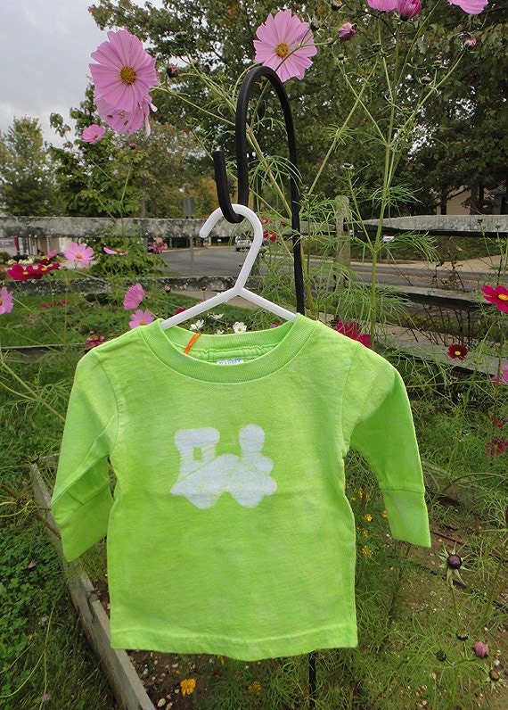 SALE Baby T-Shirt: Green with Batik Train, Long Sleeves (12 months) Ready to Ship
