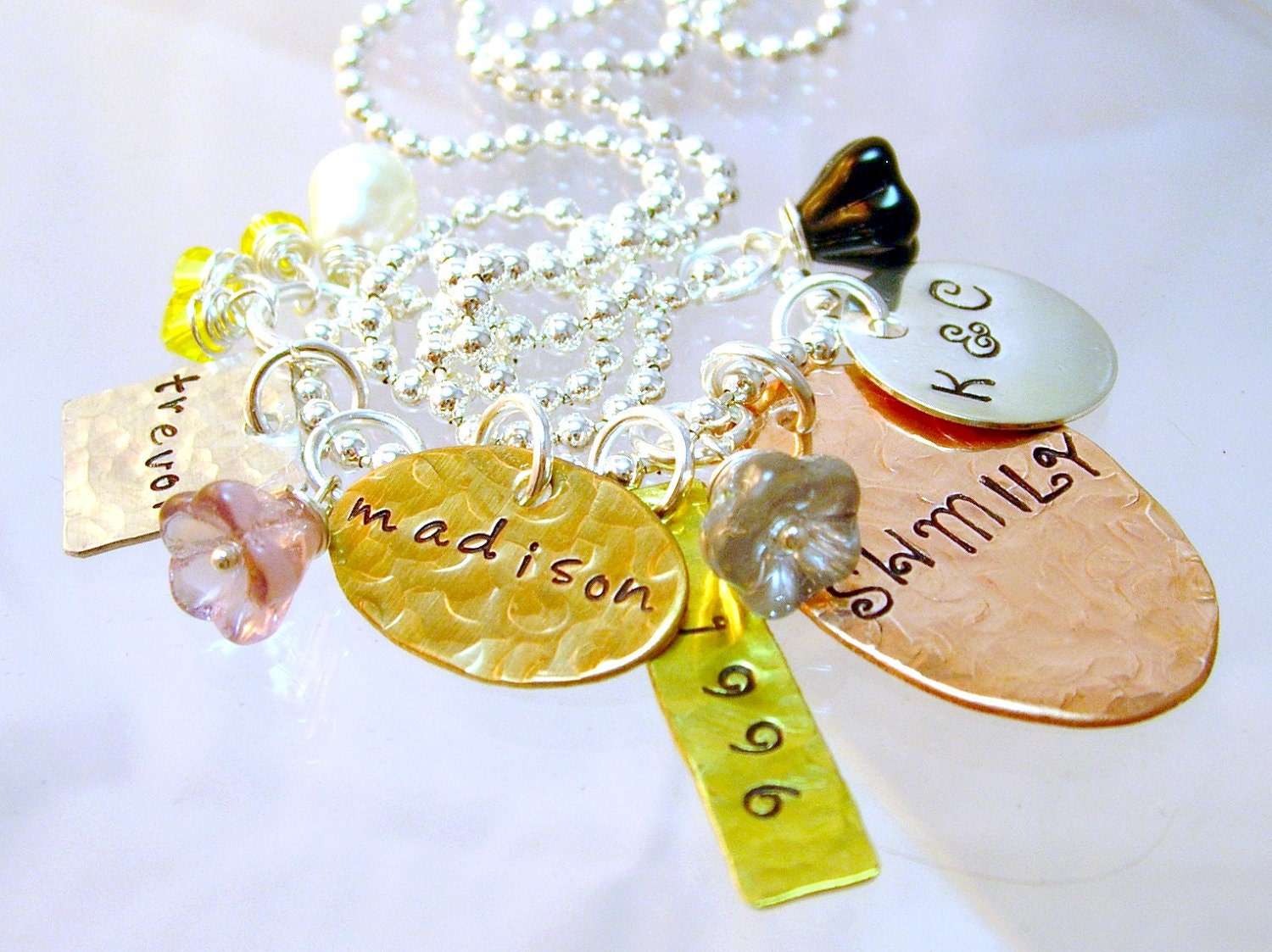 Three Swarovski Crystal Birthstone - Three Glass Flowers - Metal Pendants Mixed Metal stamped metal Monogrammed Necklace