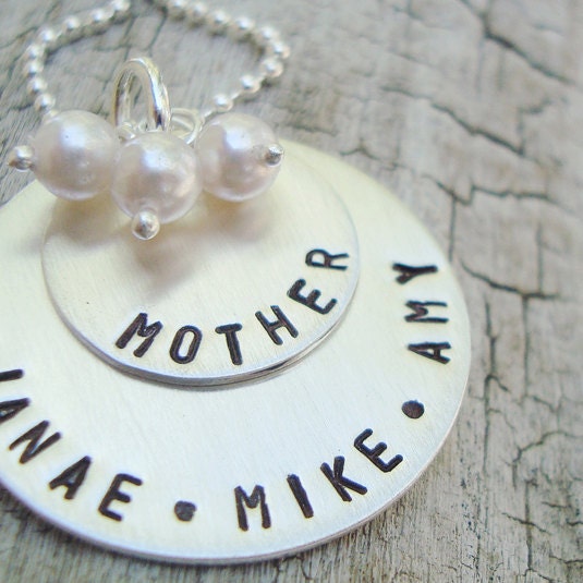 layered hand stamped sterling silver personalized mothers necklace... pearl cluster necklace.. custom names necklace