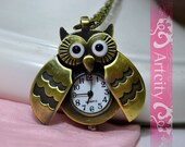 Antiqued brass flying Owl pocket watch necklace, long chain