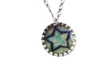 Black Star Necklace. Light Green Bottlecap Pendant.