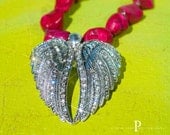 Brooke's Angel WIngs Necklace Hot Pink  Semi Precious Howlite Chunky Stones Blinged Double Angel Wings