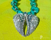 The TURQUOISE ANGEL Necklace Turquoise Semi Precious Howlite Chunky Stones Blinged Double Angel Wings