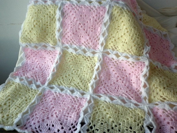NEW - Crochet Baby Blanket  Pale Pink  Baby Pink  Pale Yellow  Baby Yellow  White Gift Christmas